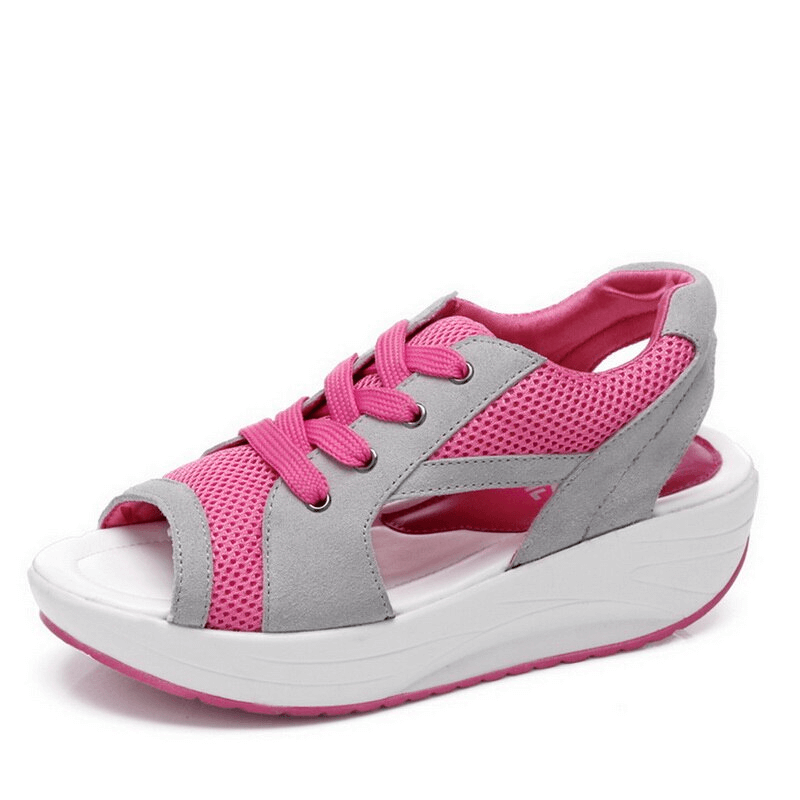 Pink and grey sports open toe lace-up women's sandals with thick soles for comfort and breathability.
